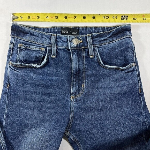 Zara Women High Rise Straight Leg Raw Hem Distress stretch Denim Jean Size US 2 - Picture 8 of 11